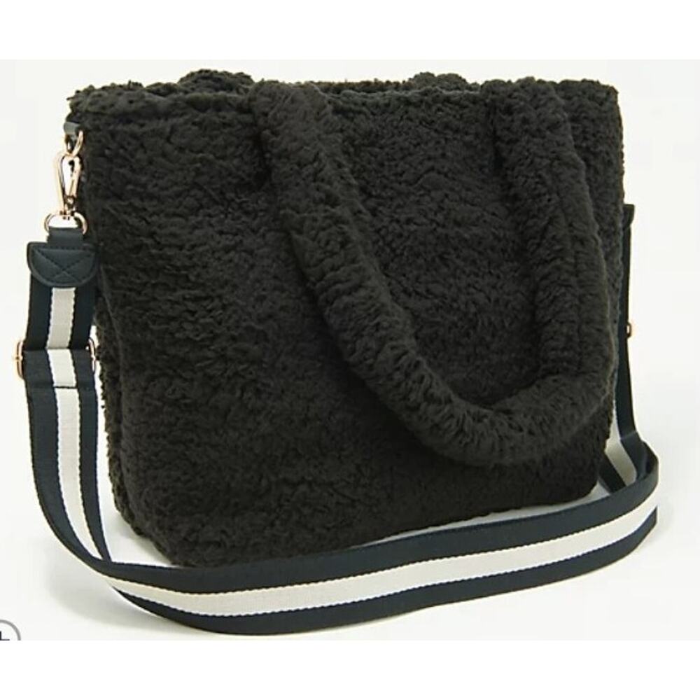 BumbleBella by Jill Martin Allover Sherpa Mid-Sized Tote Black Bag A522388